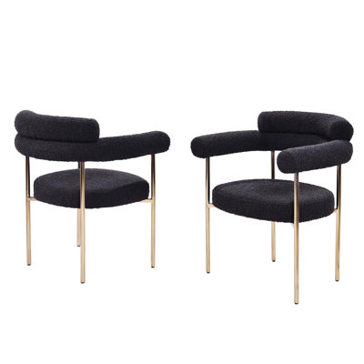 Of 2 Glamorous Black Boucle Upholstered Armchairs With Brushed Gold Metal Frame, Medium Firm Seating For Dining Space Decoration Finish, Simple Assembly Room Ambiance