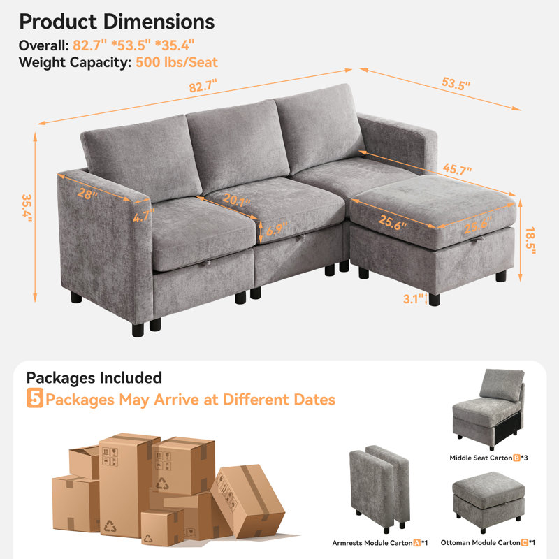  4 - Piece 82.7" Upholstered L Shape Sofa with Convertible Ottoman, Under-Seat-Storage, Light Gray Chenille