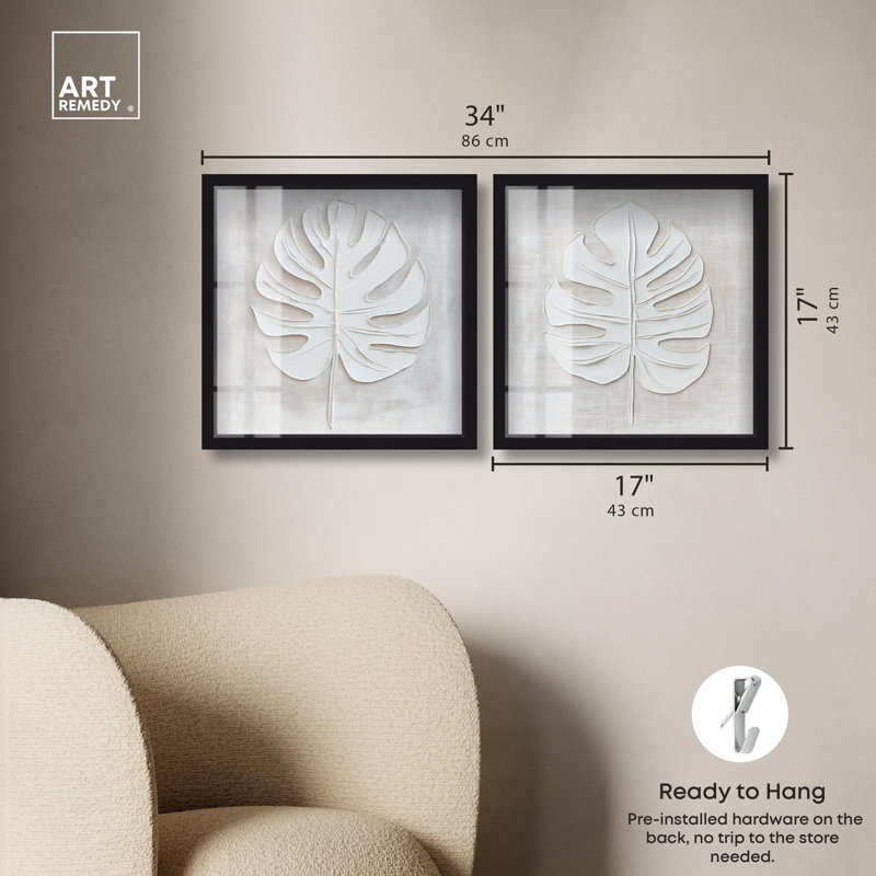 Ensemble de 2 panneaux de luxe avec art floral , H 17 po x l 17 po, Black