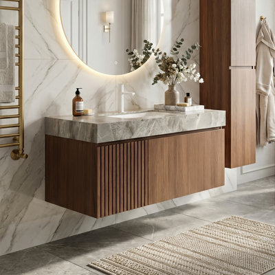 Meuble-lavabo flottant moderne de 36 po, plateau en pierre frittée (gris clair / travertin) avec lavabo en céramique et armoire en contreplaqué (chêne blanc / chêne brun) et 1 tiroir