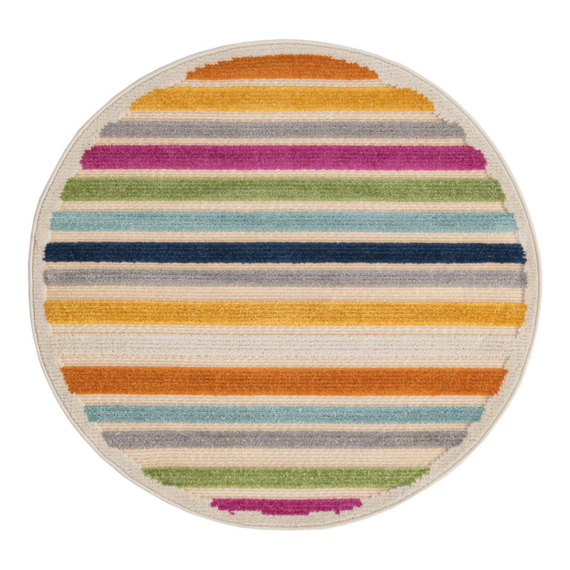 Tapis rayé beige / orange intérieur / extérieur, Rond 3 pi 3 po