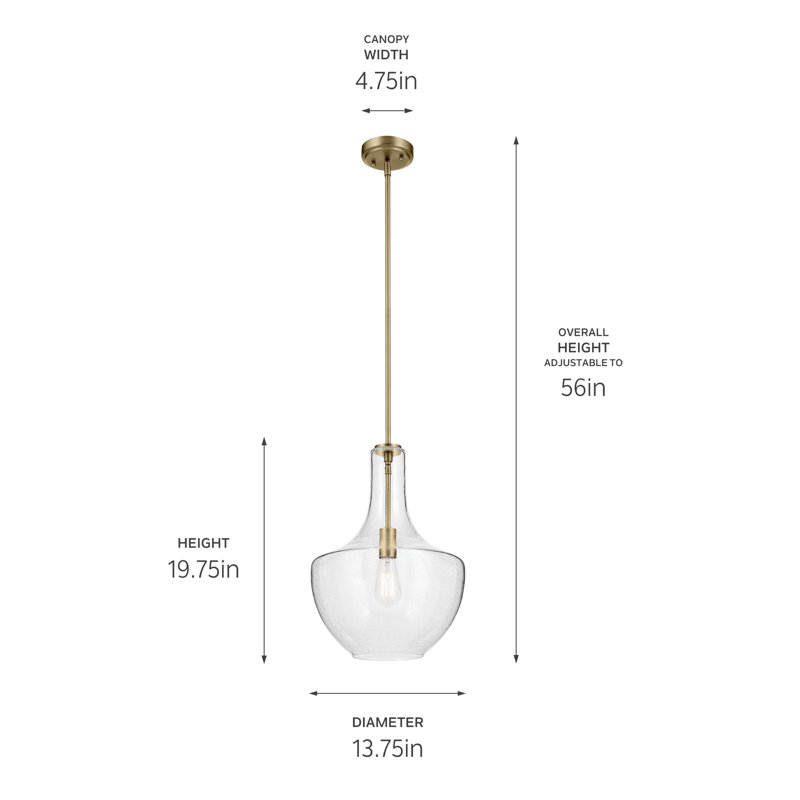 19.75" 1-Light Bell Pendant with Clear Seeded Glass, Natural Brass