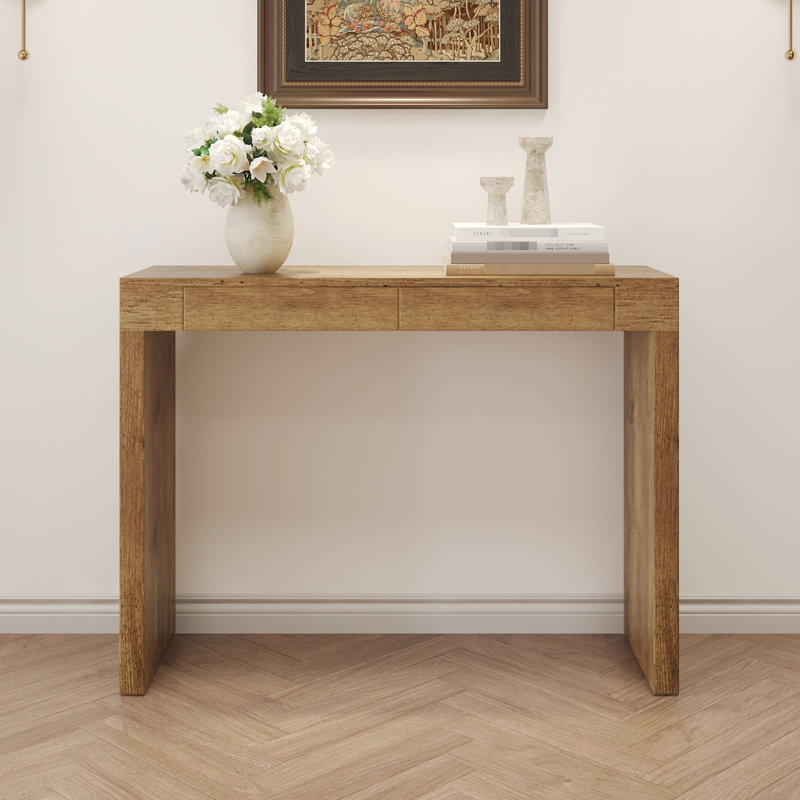 Table de bar élégante en grain de bois naturel de 50 pouces avec rangement pratique à tiroirs et table à fonctionnement facile, deux tiroirs, surfaces sablées fines, conception facile à assembler