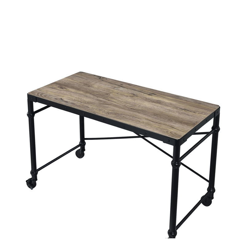 Rustic Oak and Black Rectangular Writing Desk with Metal Base, Nail Head Accents, and Wheels