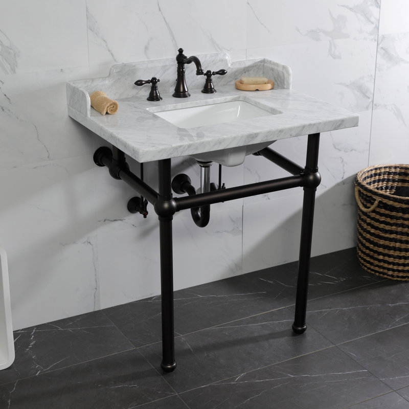 Lavabo console en marbre Carrara de 30 pouces avec pieds en laiton Kingston (8 pouces, 3 trous) Kingston, Blanc / bronze