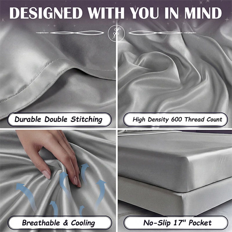 Satin Fitted Sheet Set with Pillowcases – Smooth, Breathable, Wrinkle-Resistant, Machine Washable, Easy Care, Comfortable Bedding for Adults, Hotels, Apartments, and Home Use