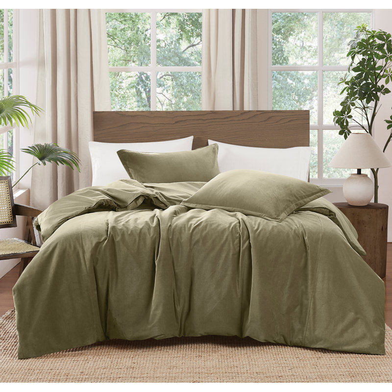 Brooklyn Loom Matte Cotton Velvet Duvet Set, Queen Duvet Cover + 2 Standard Shams, Green