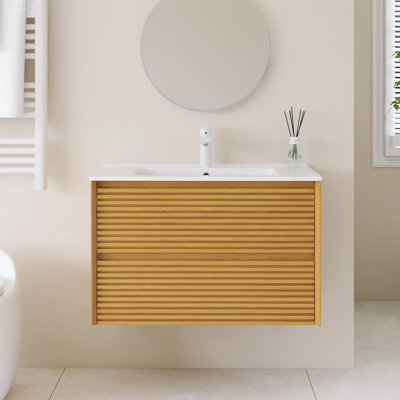 Meuble-lavabo mural simple avec plateau en céramique intégré blanc