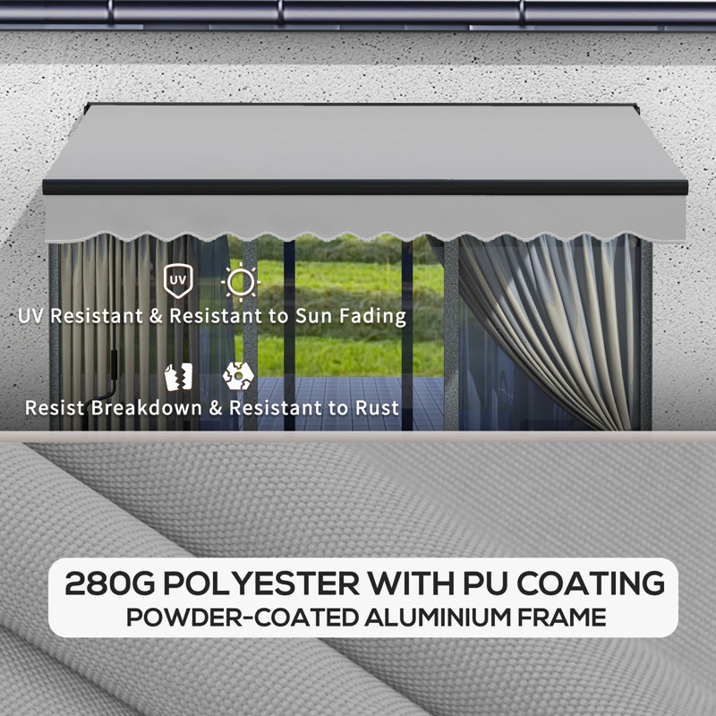 Brayden Studio 295cm W x 200cm D Polyester Cover Motorised Retractable Patio Awning, Solid Colour, Grey/Black