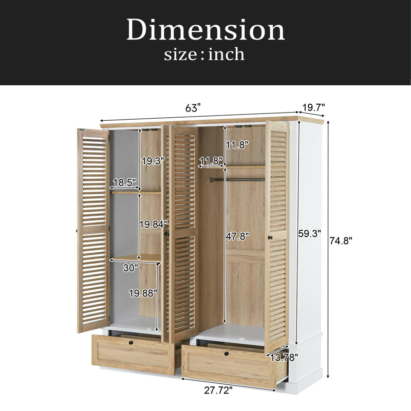 Armoire-penderie à 4 tiroirs avec 2 tiroirs, naturel et blanc