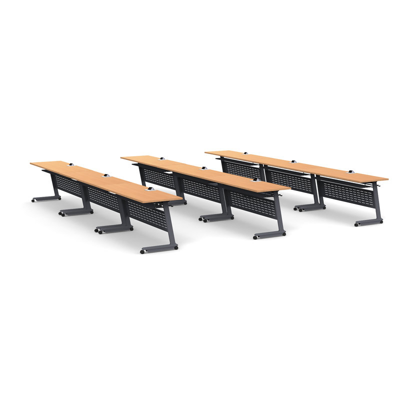 Tables Training Meeting Seminar Classroom 9Pc Beech Folding Industrial Caster Z-Base. Tables Connect.  Modesty Panel, Shelf, Power+Usb Outlet. Fold+Nest For Storage (Seating Not Included).