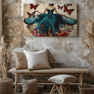Toile, art mural, illustration surréelle d'une ballerine avec une robe turquoise foncée prête à être accrochée