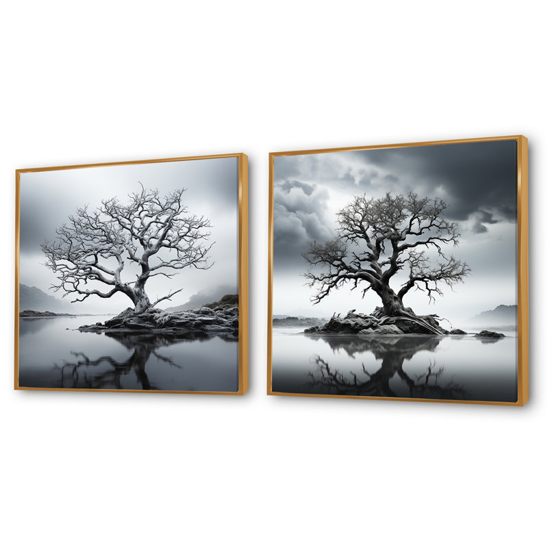 «Stormy Grays Tree Emotion», 2 pièces, Encadrement doré, H 36 po x l 73 po