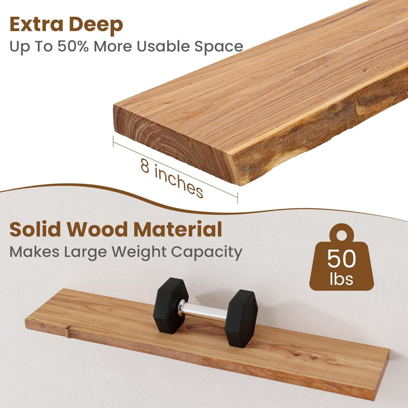 Millwood Pines Floating Shelves for Wall Decor, Rustic Solid Elm Wood Floating Shelves Wall Mounted, Wall Shelves with Invisible Bracket for Living Room Bathroom Bedroom Kitchen, Set of 2