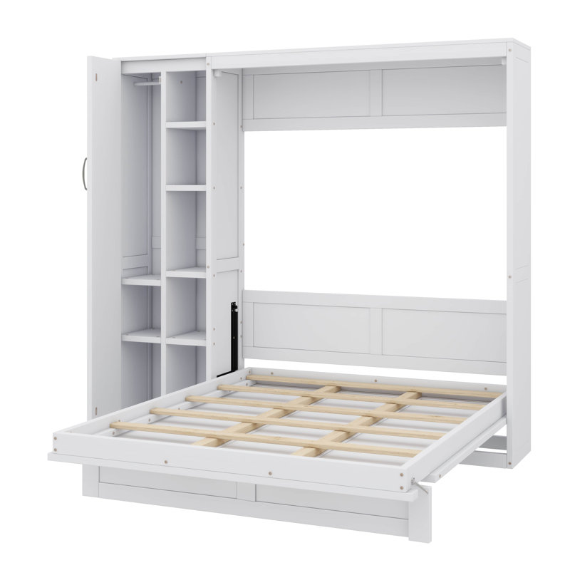 Lit escamotable double pleine grandeur avec tablettes fonctionnelles, placard et éclairage à DEL subtil, Lit double, Blanc