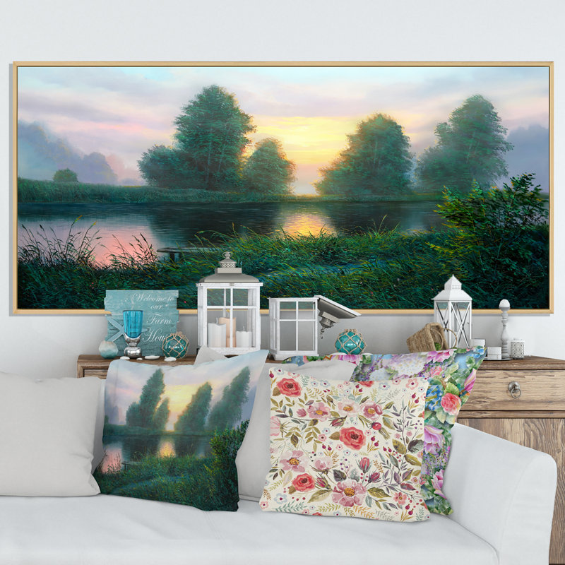 «Beautiful Sunset on Lake Forest», peinture sur toile, Cadre brun, H 28 po x l 60 po x P 1,5 po