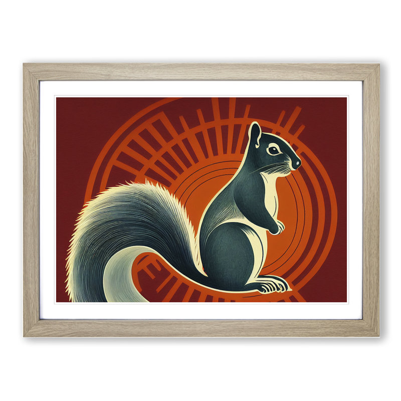 Squirrel Deco Style - Single Picture Frame Print, 25cm H x 34cm W x 2cm D, Oak
