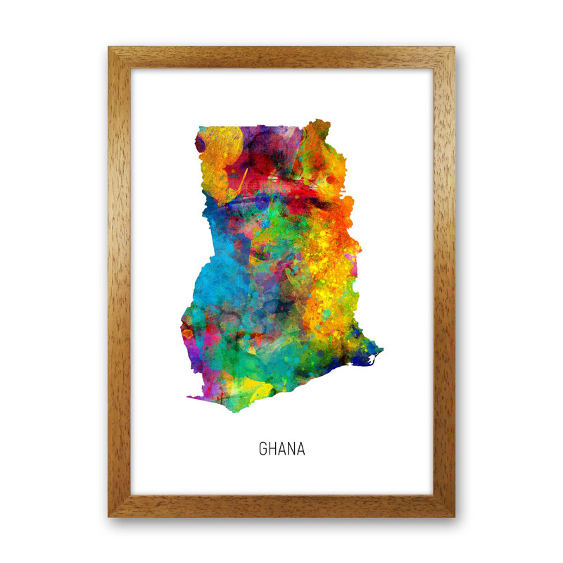 Ghana Watercolour Map by Michael Tompsett - Print, Brown Framed, 34cm H x 25cm W x 3cm D
