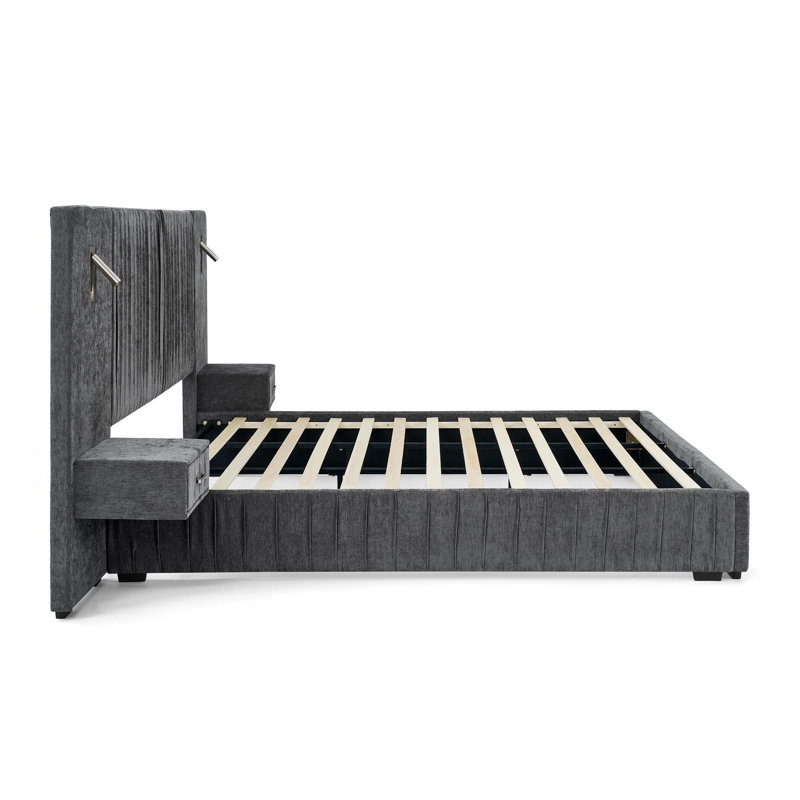 King Size Upholstered Bed Frame with Headboard, King, Dark Gray