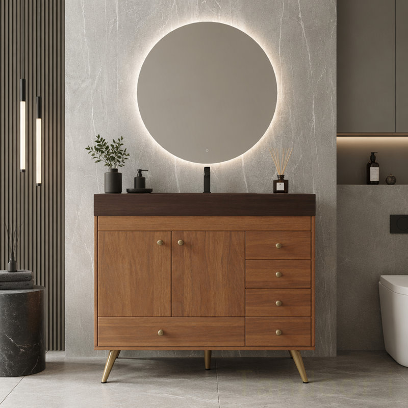 Meuble-lavabo autoportant avec comptoir en faux marbre, lavabo en céramique, 5 tiroirs et pieds en acier inoxydable, Walnut