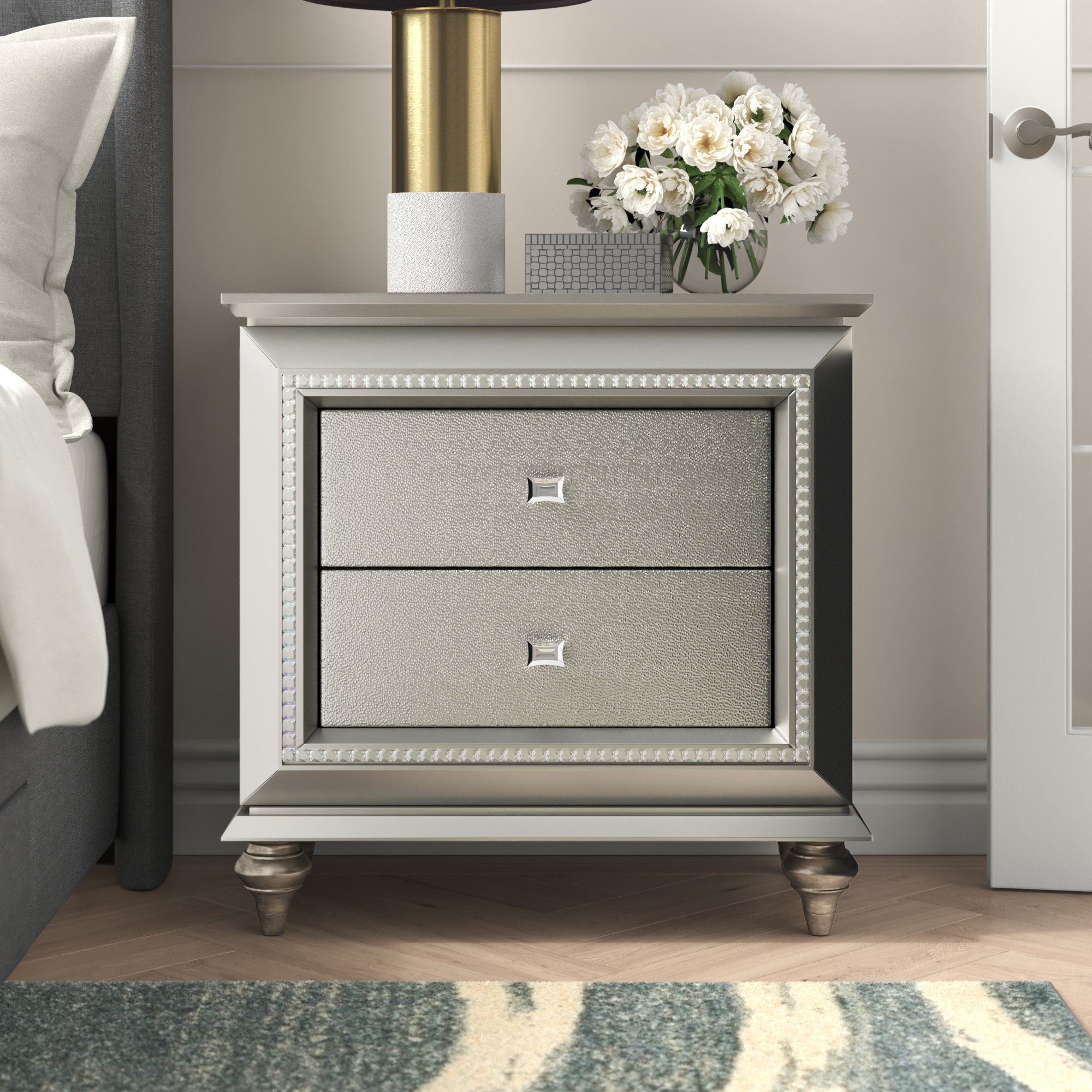 Champagne Wood Contemporary Nightstand with Crystal-Like Trim - Textured Front - and Multiple Storage Drawers - 2-Drawer