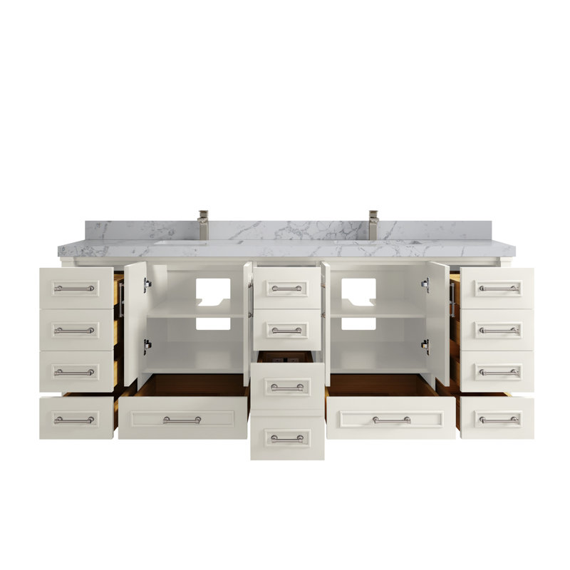 Aberdeen 84'' Double Bathroom Vanity with Quartz Top, Venatino, Alabaster