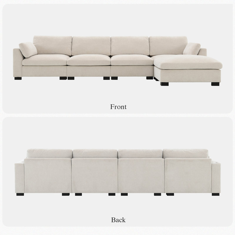 Chenille Modular Sectional Sofa With Ottoman, Armrest Folding Table & Usb Ports, Side Storage Pocket, Beige Chenille