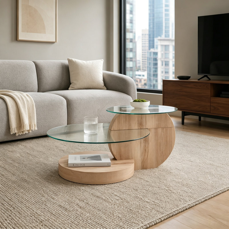 Table basse 35,4 "à plusieurs niveaux avec deux plateaux en verre trempé et une tablette inférieure, Light Oak