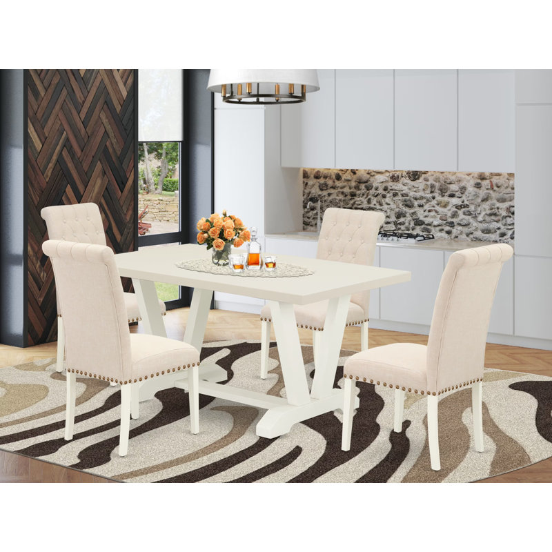 Ensemble de salle à manger moderne de 5 pièces comprenant une table rectangulaire en bois avec pieds en V et 4 chaises rembourrées en lin beige clair, 91 x 152 cm, multicolore