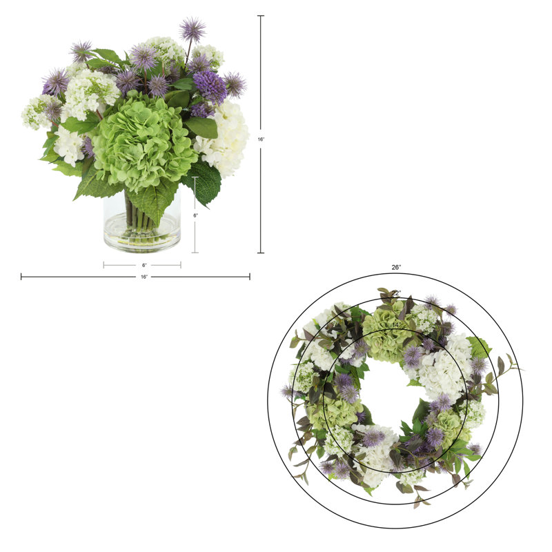 22" Spring Wreath and Floral Arrangement with Hydrangeas and Thistle