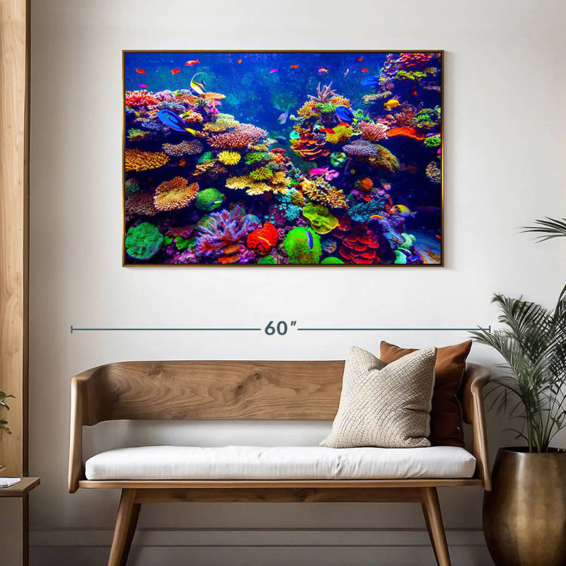 Paysage vibrant sous l'eau, 46 po x 31 po, Cadre flottant doré