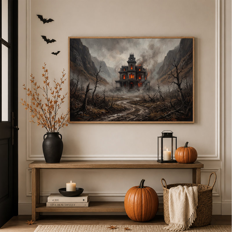 Maison hantée gothique aux fenêtres orange vif - Toile murale d'Halloween, H 36 po x l 48 po