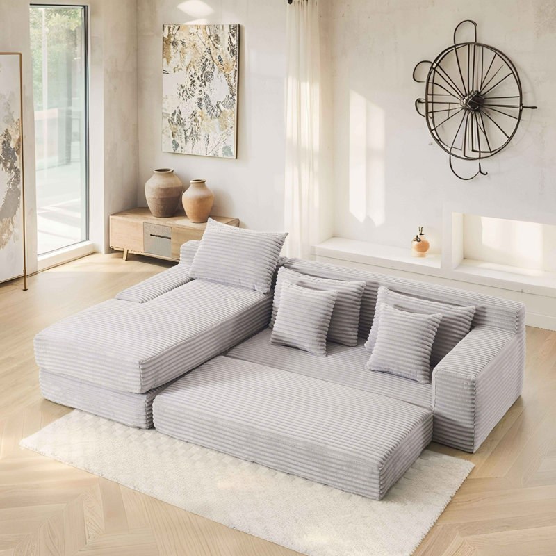 Canapé modulaire en L Albert, Tissu gris pâle