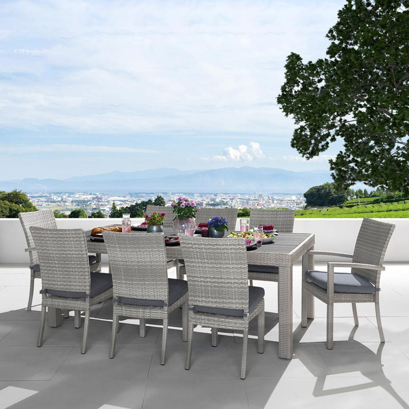Cannes 9 Piece Dining Set with Cushions, Gray Frame/Stone Gray Canvas Cushion