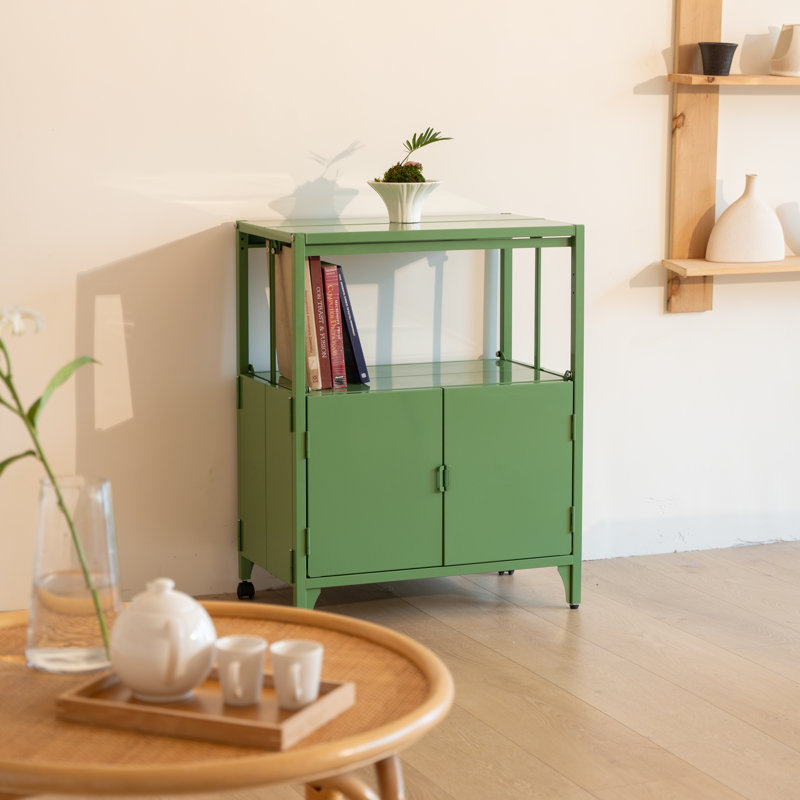 Accent 23.6’’ Wide  Foldable Metal Double Layer Cabinet with  Wheels Easy Assemble end table, Green
