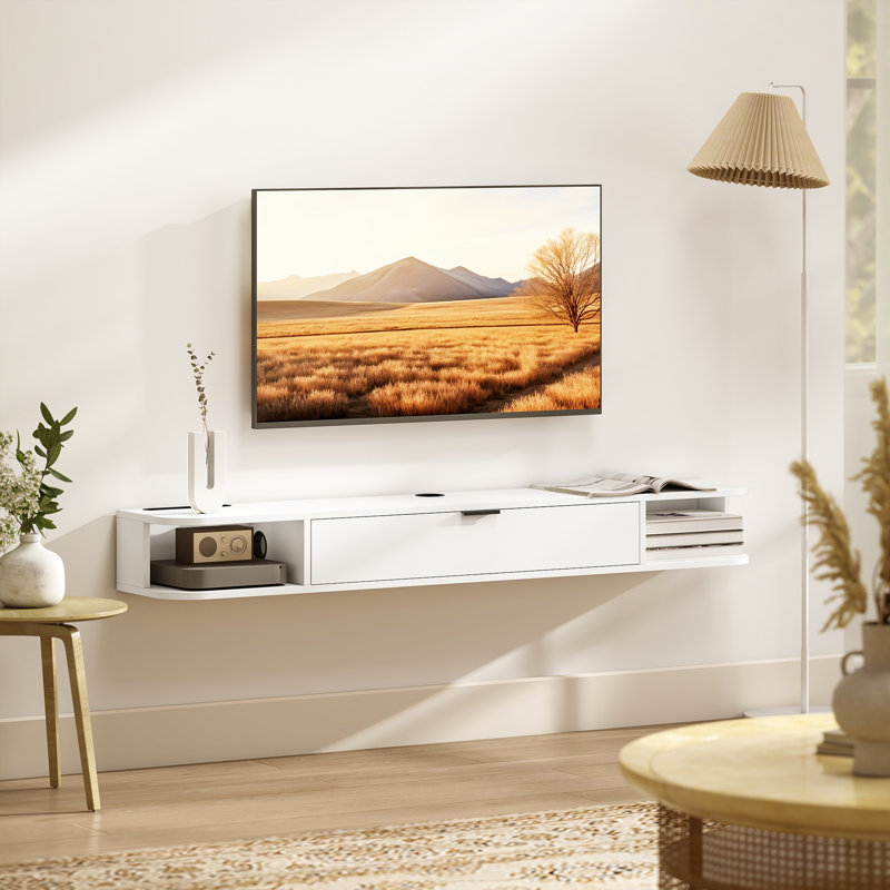 Meuble télé 55 po, console multimédia murale, blanc, Blanc