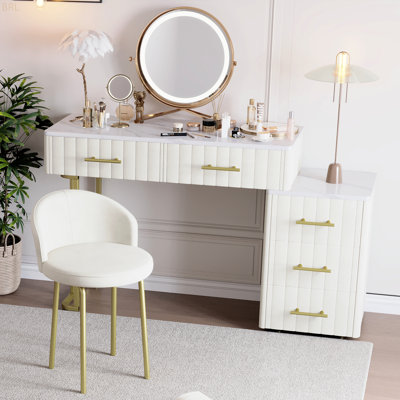 Velvet Upholstered Vanity Desk With Chair, Vanity Set With 5 Big Drawers, Makeup Table With Padded Chair, Marble-Look Sticker Top Dressing Table With by Orren Ellis