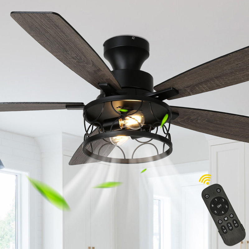 Ventilateur de plafond encastré noir à 5 pales de 52 po avec lumières et télécommande, ventilateur de plafond à profil bas à 6 vitesses pour chambre à coucher, salon