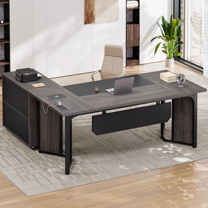 Bureau de direction 63 po avec classeur mobile, bureau en L avec prises de courant, poste de travail d'ordinateur en coin