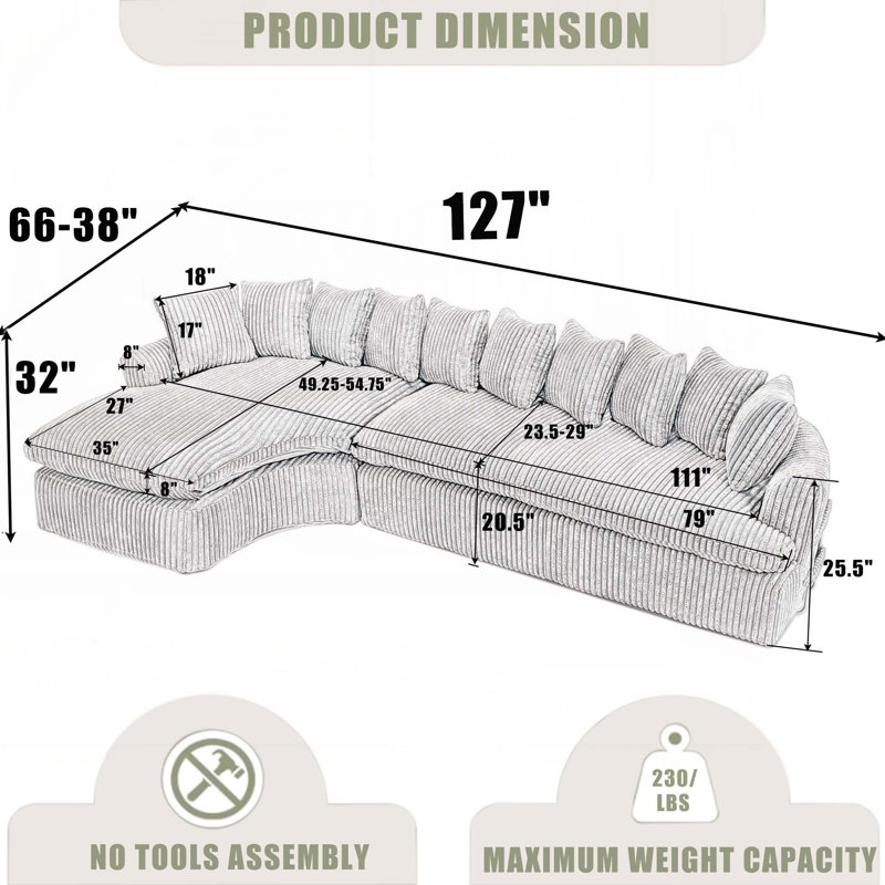 Grand canapé modulaire 127 po, Gris