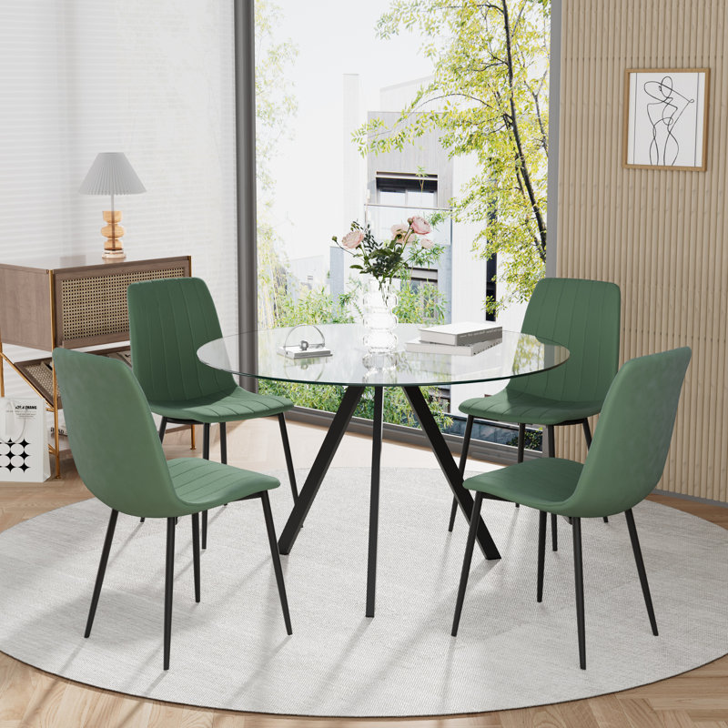 Ensemble de salle à manger à piédestal en verre 5 pièces, Vert