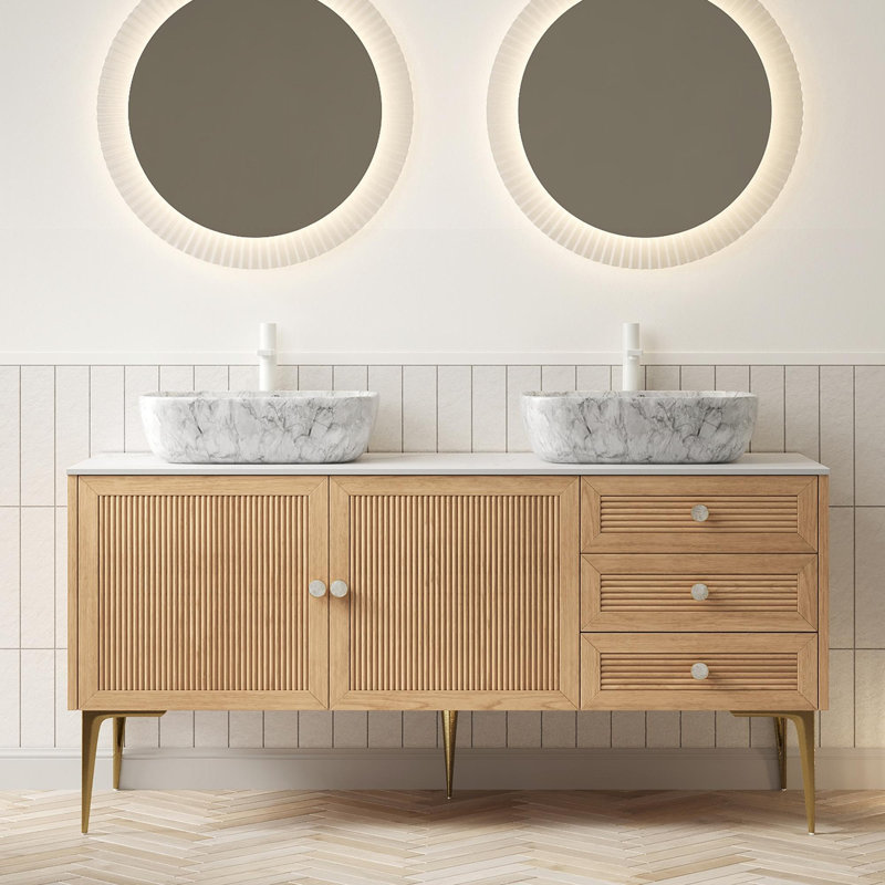 Comptoir de salle de bain en frêne rayé chêne avec lavabo en céramique