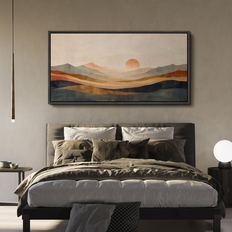 Sun Mountain Landscape " Serene Mountain Landscape With Warm Modern Art Calm Warm Extra Large Artwork Pictures ", Black
