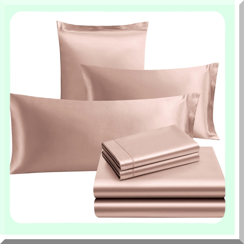 Silky Bedding Set - 7 Piece Luxury Sheet Set with Deep Pocket Fitted Sheet, Soft Flat Sheet, and 5 Pillowcases, Champagne