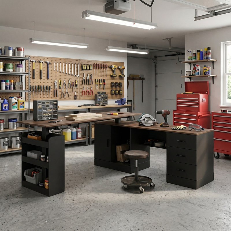 Établi en L avec hauteur réglable, 3 tiroirs et armoire, Bois espresso / noir