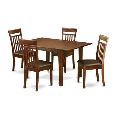 Ensemble de table de salle à manger 5 pièces moderne comprenant une table rectangulaire en bois avec feuille papillon et 4 chaises de salle à manger en similicuir, acajou