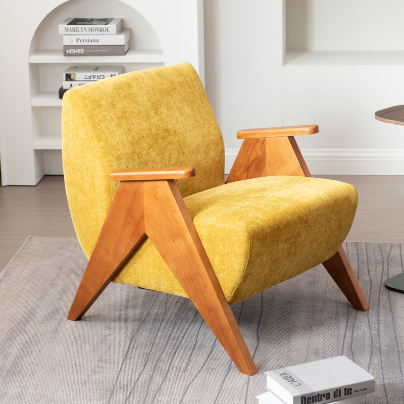 Kyajah 27.5" W Chenille Solid Wood Armchair, Yellow 