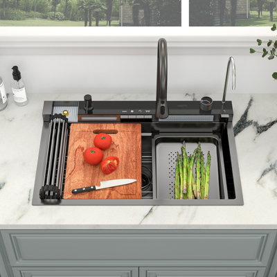 Évier de cuisine 30 po à simple cuve encastrable en acier inoxydable avec robinet escamotable 30 po Modern
