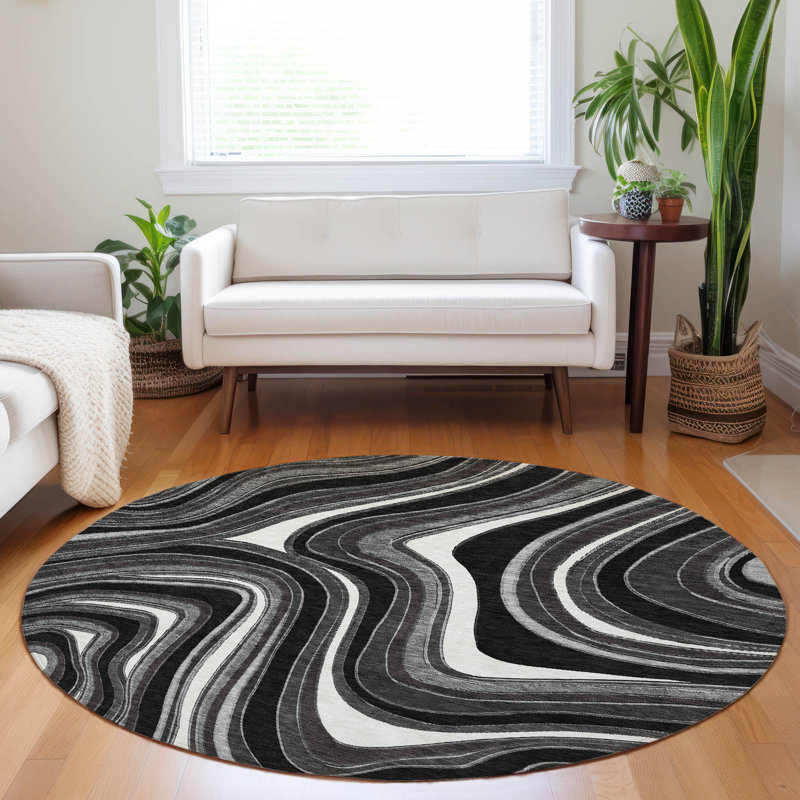 Premium Machine Washable Prisco Black Rug, Round 8'