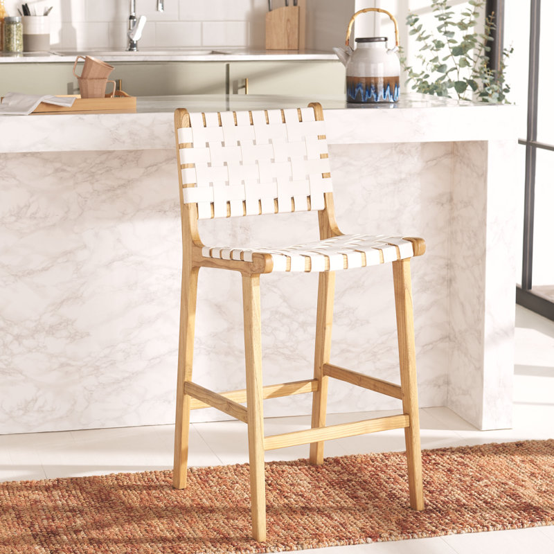 Alston Upholstered Counter Stool with Solid Wood Frame, Counter Stool (27.16" Seat Height), White Leather/Natural Frame